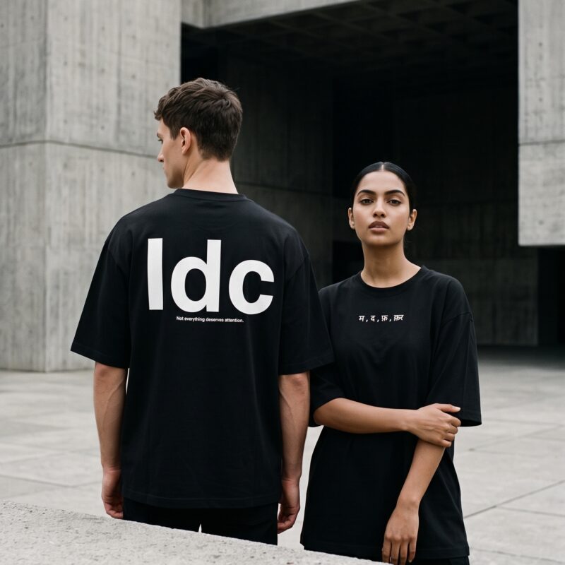 Male and female models wearing MDFKR oversized black streetwear t-shirts with minimalist front and oversized back graphics.