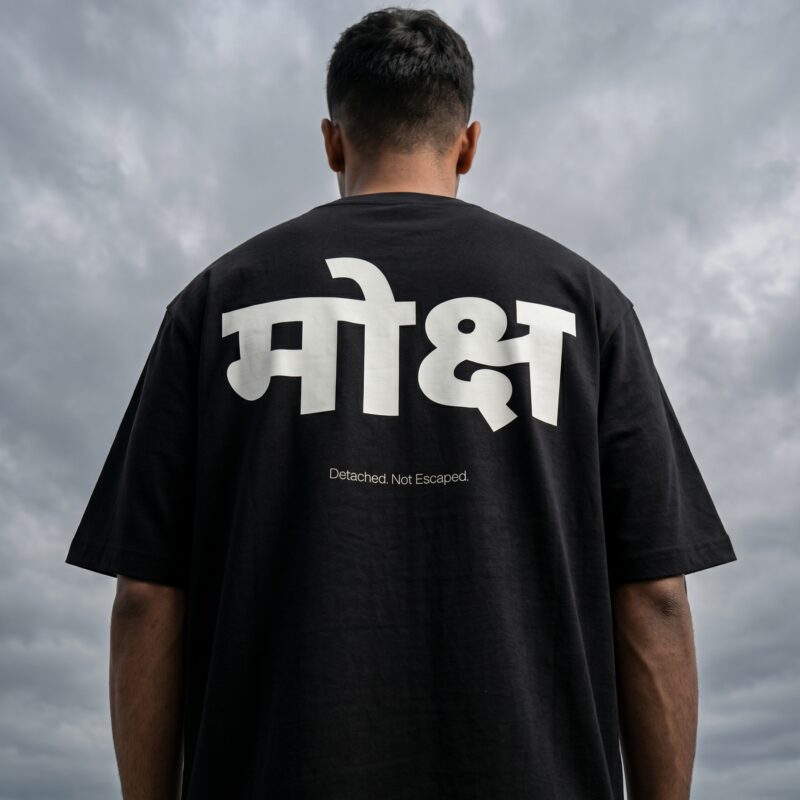 Close portrait of man wearing black Moksh oversized t-shirt under cloudy sky.