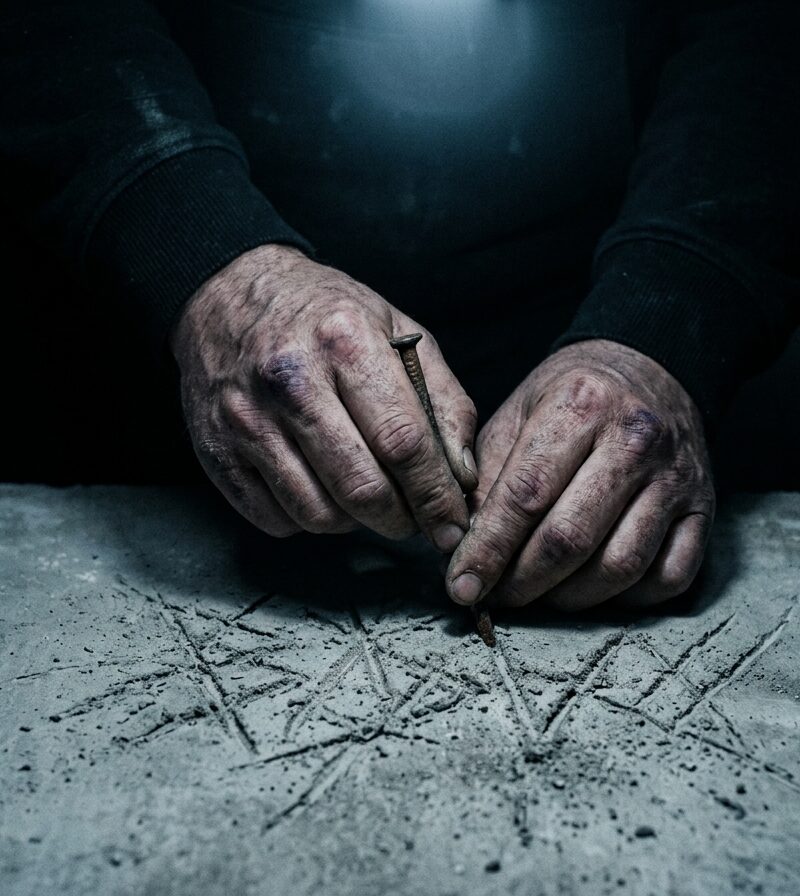 Close-up of rough hands carving symbols into a concrete slab, representing obsessive craftsmanship, self-discipline, detachment from approval, and relentless commitment.