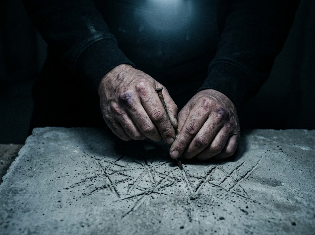 Scarred hands carving into concrete — engineering outcomes instead of praying for them, MDFKR विरोध