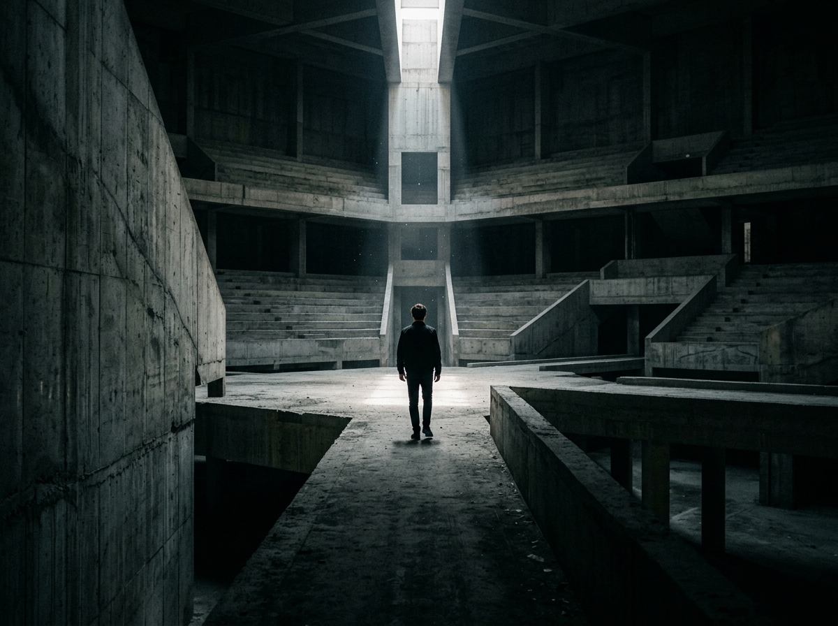 Abstract portrait in shadow — faceless figure against raw concrete, MDFKR doctrine on detachment and obsession
