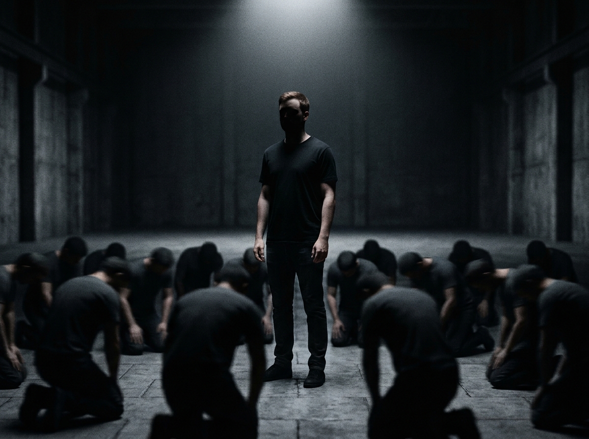 Lone figure standing while others kneel — they kneel to stories, he stands in cause and effect, MDFKR विरोध