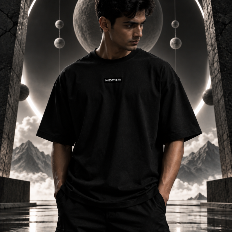 MDFKR Niyati black oversized T-shirt back view with white cosmic fate graphic